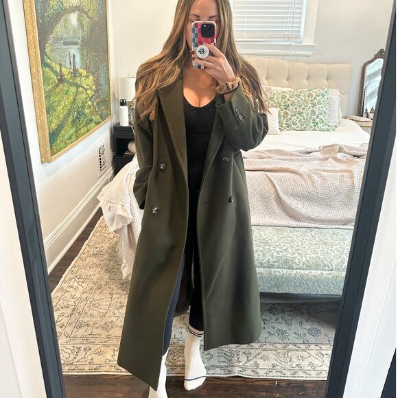 Mango Double Breasted Olive Green Long Wool Coat Small - Picture 2 of 11